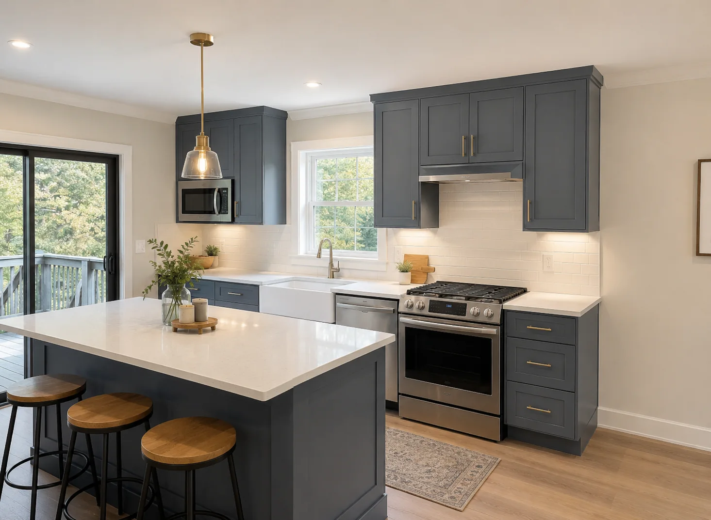 Blue cabinetry in a completed kitchen